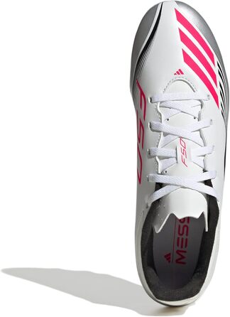 Футбольні бутси Adidas F50 Messi Club для гри на твердих та універсальних покриттях, розмір 43 1/3 EU, колір Cloud White/Lucid Red/Silver Metallic