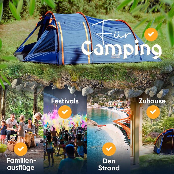 Намет туристичний Burgwerk Tunnelzelt для 3 осіб, водонепроникний, UV-захист 50+, міцний, для кемпінгу, сімейний, тунельний, синій