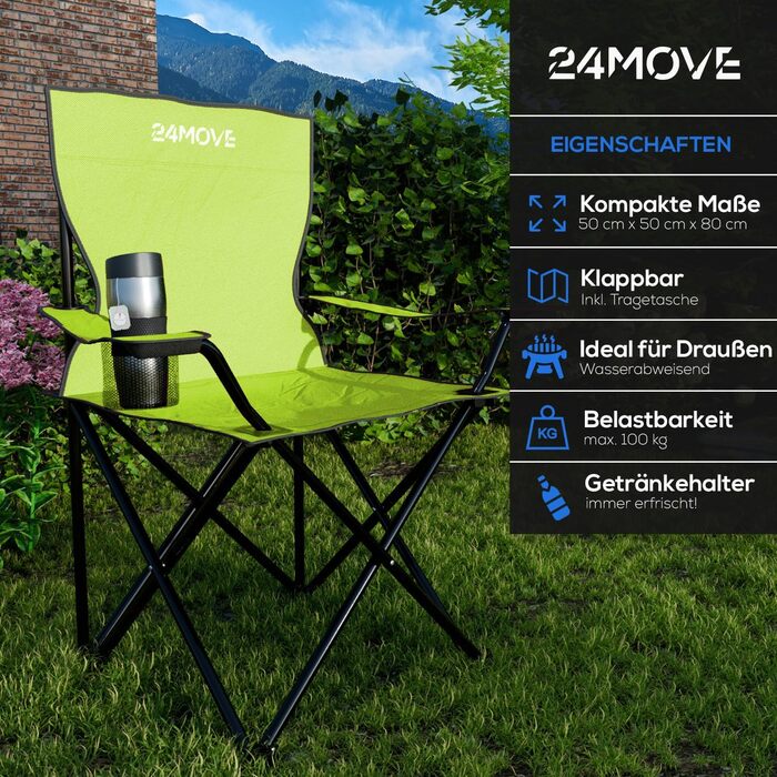 Складний стілець 24MOVE® для риболовлі, кемпінгу та відпочинку на природі - рибальський стілець, туристичний стілець, садова меблі, зелений