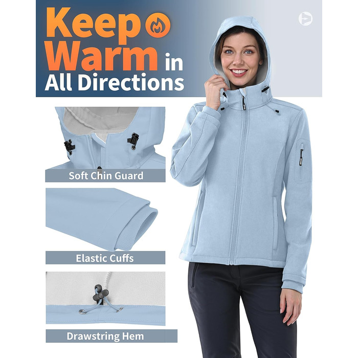 Жіноча мембранна куртка Outdoor Ventures Softshell: водонепроникна, дихаюча та вітрозахисна функціональна куртка з капюшоном для демісезону, небесно-блакитна, 4XL