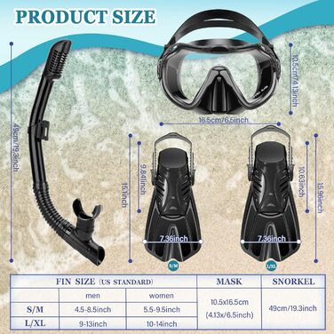 Комплект для снорклінгу для дорослих 4 в 1: маска, трубка, ласти, сумка (чорний, XL)