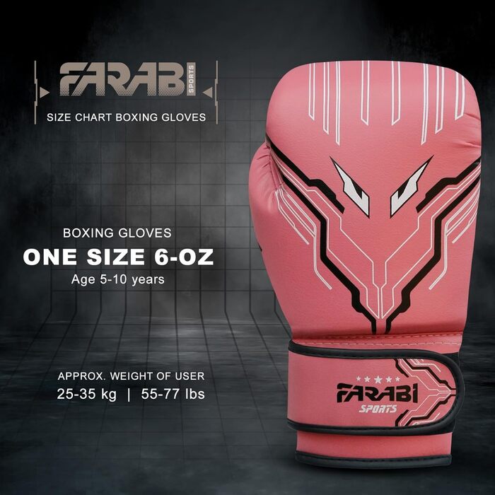 Дитячі боксерські рукавички Farabi Sports 6oz рожеві для хлопчиків і дівчаток, для боксу, MMA, муай-тай, тренувань та боксерського мішка, вік 5–10 років