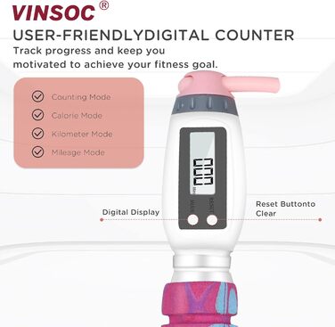 Скакалка VINSOC з лічильником калорій, регульована, для дорослих і дітей, рожевий поролоновий грип, фітнес-скакалка EVA для схуднення
