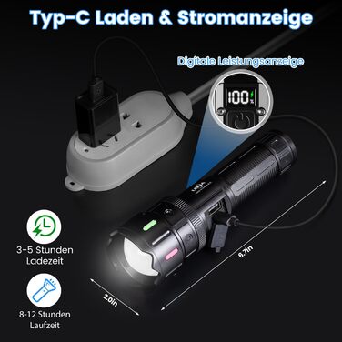 LED ліхтар Lekia 500000 Люмен, перезаряджуваний USB-C, 5 режимів, Zoom, водонепроникний, 5000mAh, для кемпінгу та надзвичайних ситуацій