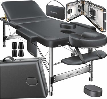 Масажне ліжко KESSER® з 3 зонами, до 250 кг, складане, регульоване, з аксесуарами (підголівник, підлокітники, сумка), антиковзне покриття, 61 см