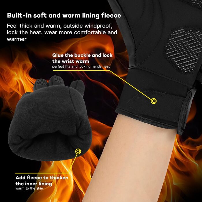 Зимові рукавички для чоловіків, водонепроникні, з підтримкою сенсорного екрану, флісові, теплі, термо, для велосипеда, мотоцикла, катання на лижах, чорні XL