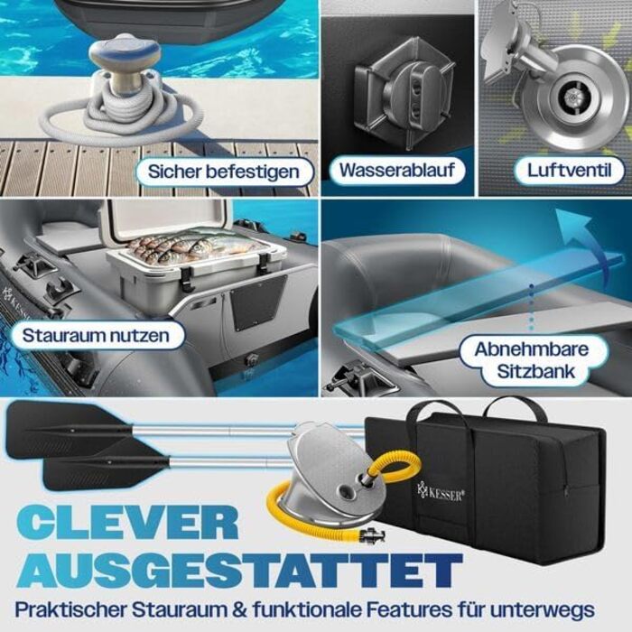 Надувний човен KESSER® Wave 230-320 см (комплект 6 в 1): човен, лавка, насос, весла, ремкомплект, сумка. Можливість встановлення мотора, для солоної води, антрацит.