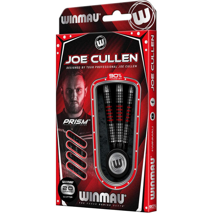 Дартс WINMAU Joe Cullen 18 г вольфрамові з м'яким наконечником, комплект з перами Prism та стержнями