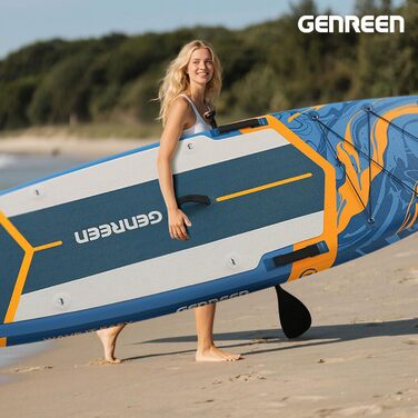 Надувне SUP-борд GENREEN (Extra Groß) для всіх рівнів підготовки, 335x86 см, з аксесуарами, тримач для камери, 3 фіни, вантажопідйомність до 200 кг (Ocean blue)