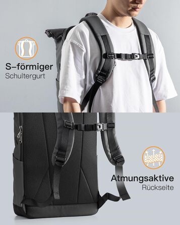 Рюкзак Inateck RollTop 25-30 л для чоловіків і жінок, велосипедний, шкільний, міський, для університету, роботи, спорту та подорожей, з відділенням для ноутбука 17