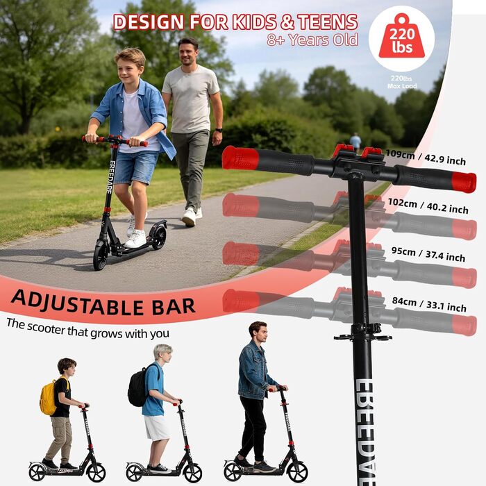 Самокат FREEDARE Cityroller складний для дітей та дорослих, колеса 200 мм, до 100 кг (Чорно-червоний)