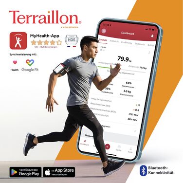 TERRAILLON COLOR CONNECT - Розумна вага з Bluetooth, вимірювання серцевого ритму, маси тіла: жир, м'язове, кісткове, BMI, ємність 180 кг, шкала 50 г, мультидисплей, колір блакитний