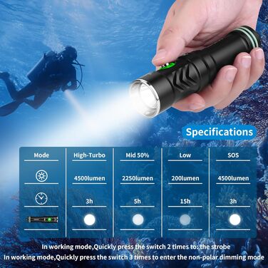 Підводна ліхтар UEQIOV 4000 лм, 4 режими, IPX8 водонепроникний, для дайвінгу