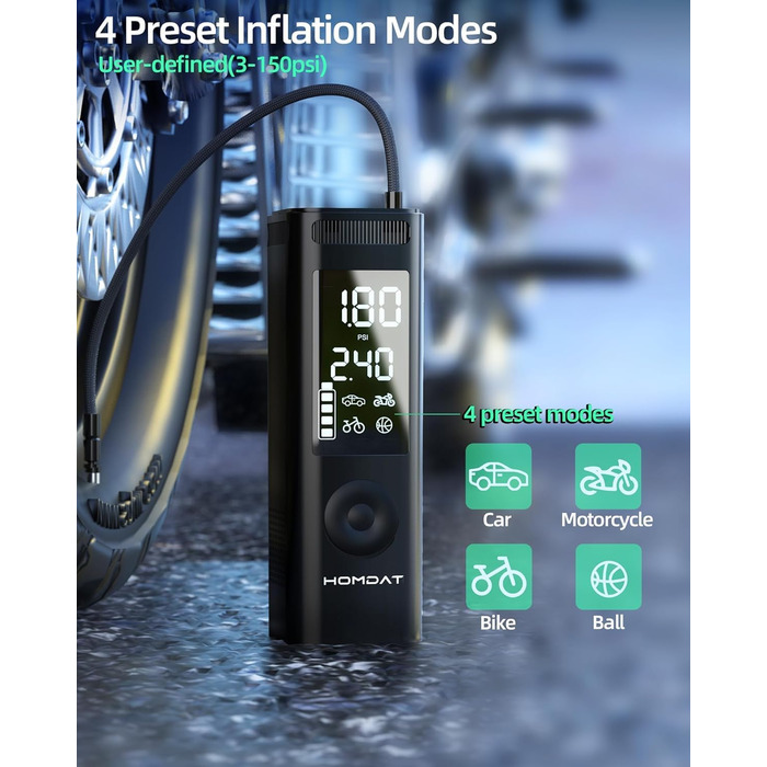 Електричний насос для шин homdat 150PSI, 17800mAh, портативний акумуляторний компресор для автомобільних, велосипедних, мотоциклетних шин та надувних виробів, чорний
