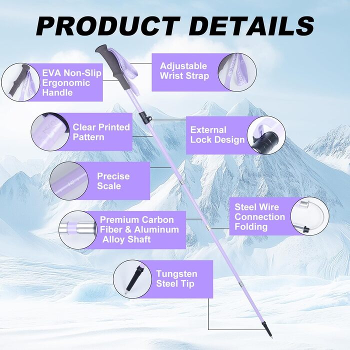 Телескопічна палиця для скандинавської ходьби Qoosea для жінок, вуглецеве волокно, складана трекінгова палиця 110-125 см з гумовим наконечником та сумкою (фіолетова)