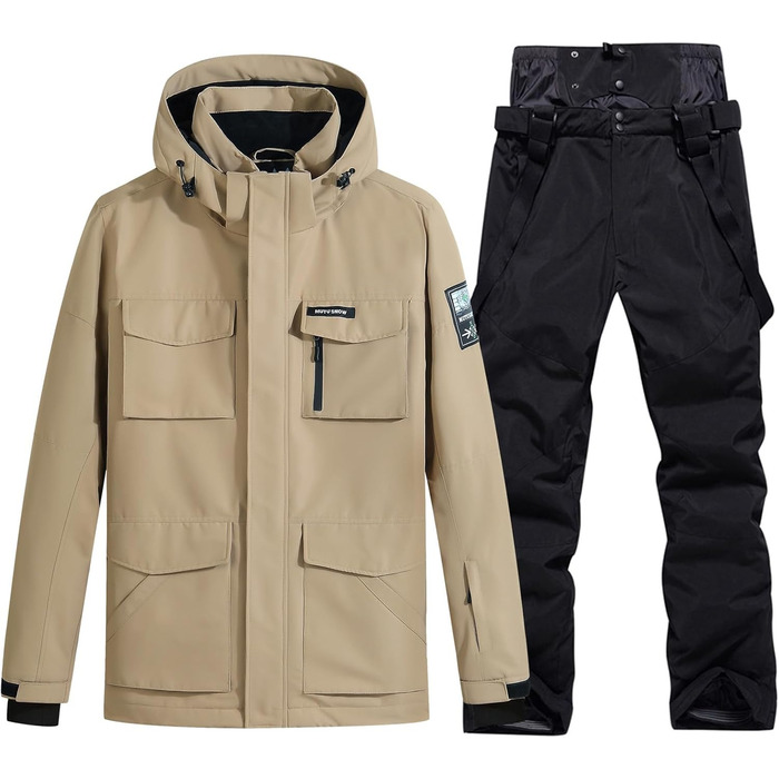 Костюм для сноуборду та лижного спорту HOUZONIY чоловічий, вітронепроникний, з капюшоном, XL, хакі+чорний