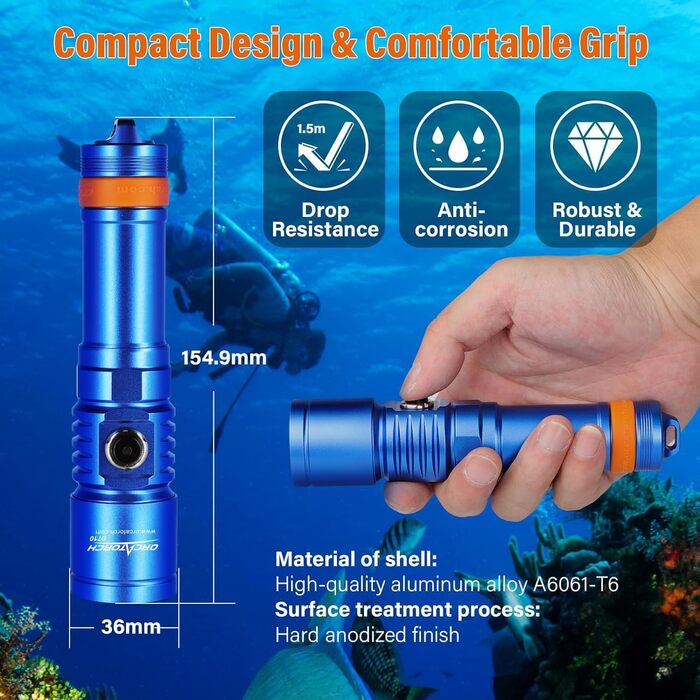 Ліхтар під водою ORCATORCH DC710 LED, 3000 люмен, USB-C, IP68, 150м, синій