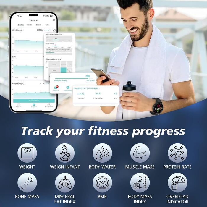 Вага для вимірювання жиру в тілі з датчиками на ручках, вага з великим дисплеєм, 8 високоточних сенсорів та APP, персональна вага з аналізом жиру (32 показники) (Біла)