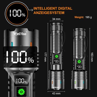 Ліхтар тактичний Relybo LED, 1000000 люмен, USB, 5 режимів, з чохлом, чорний