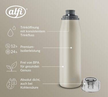 Термос-пляшка alfi ISO 500 мл бежевий, нержавіюча сталь, герметична, для газованих напоїв, BPA-free, зберігає тепло 12 годин, холод 24 години