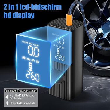Портативний електричний компресор 8000mAh, 180PSI з манометром, цифровим LED-дисплеєм, USB-зарядкою, LED-ліхтарем для авто, мотоцикла, велосипеда, м'ячів і плавзасобів