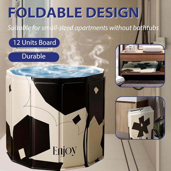 Складана портативна ванна для дорослих STARBRIIANT (80x66 см) — крижана ванна для відновлення м'язів, SPA та спорту, чорно-біла, розмір L