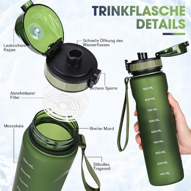 Спортивна пляшка для води 1л, витокозахисна, без BPA, з мітками об'єму, зелена