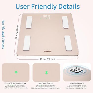 Інтелектуальна вага для тіла Homebud з LED-дисплеєм, рожеве золото, 182 кг, точність 0,05 кг, 13 показників тілобудови, синхронізація з додатком
