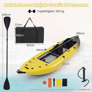 Надувний каяк COSTWAY для 2 осіб з веслами, сидінням EVA та насосом, жовтий