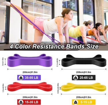 Фітнес гумки WuGU, набір з 4 рівнями опору, еластичні гумки для фітнесу, силових тренувань, йоги та пілатесу (фіолетовий, чорний, червоний, жовтий)
