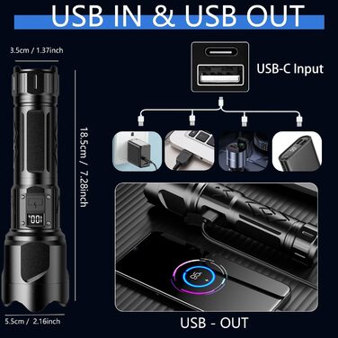 Ліхтар LED KZK 500000 Люмен, надпотужний, з функцією зуму, COB 360° світло, IP67, 7 режимів, для кемпінгу, риболовлі, надзвичайних ситуацій та активного відпочинку на природі