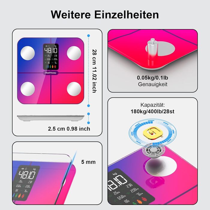 Вага для вимірювання жиру в тілі, персональна вага з аналізом жиру та м'язової маси, 15 показників, цифрова вага з великим дисплеєм та підключенням до додатку