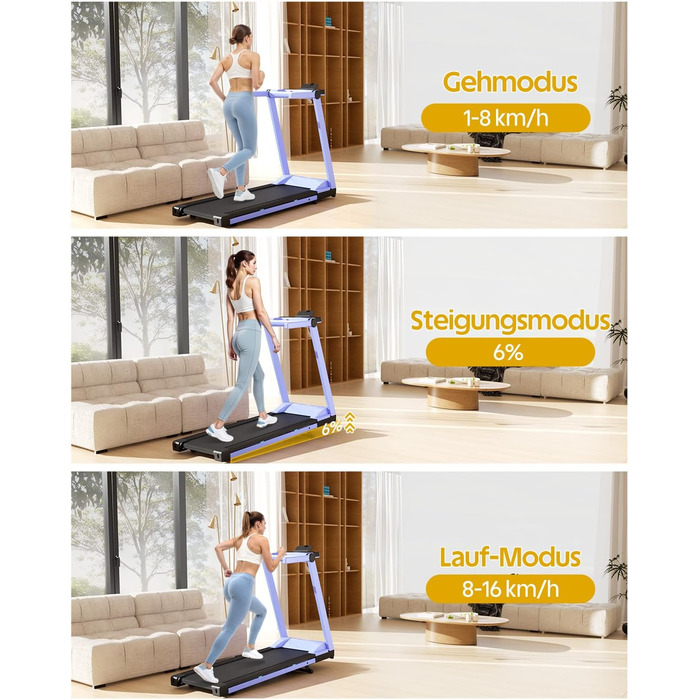 Lacuffy Біговий тренажер для дому, складаний, Walking Pad з нахилом 6%, велика площа для бігу 112 * 42 см, вантажопідйомність 158 кг, для високих людей (Синьо-Чорний)