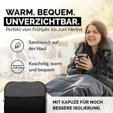 Спальний мішок для кемпінгу з капюшоном до -3°C з подушкою - теплий зимовий та літній спальник 3-4 сезони (75 x 220 см) - туристичний спальник для жінок та чоловіків (чорний, 280GSM)