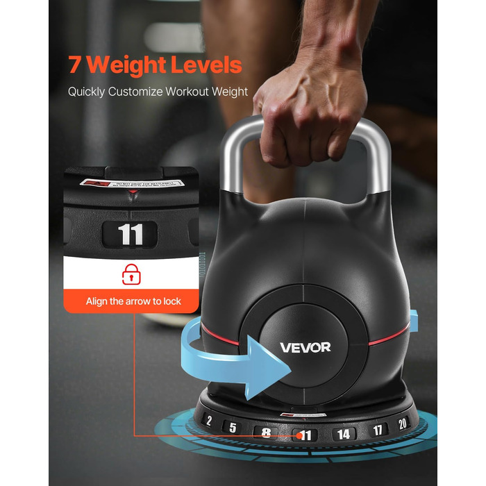 Куркова гантель VEVOR, регульована, 7 рівнів ваги, алюмінієвий корпус, ABS, для силових вправ, тренування всього тіла та кросфіт, 20 кг
