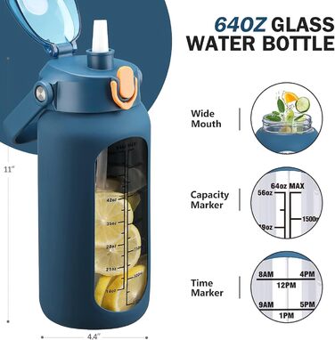 HYDRAGLAZIC Скляна пляшка для води 2 л з двома кришками, мітками часу, силіконовим чохлом, BPA-free, для спорту та тренажерного залу, темно-синя