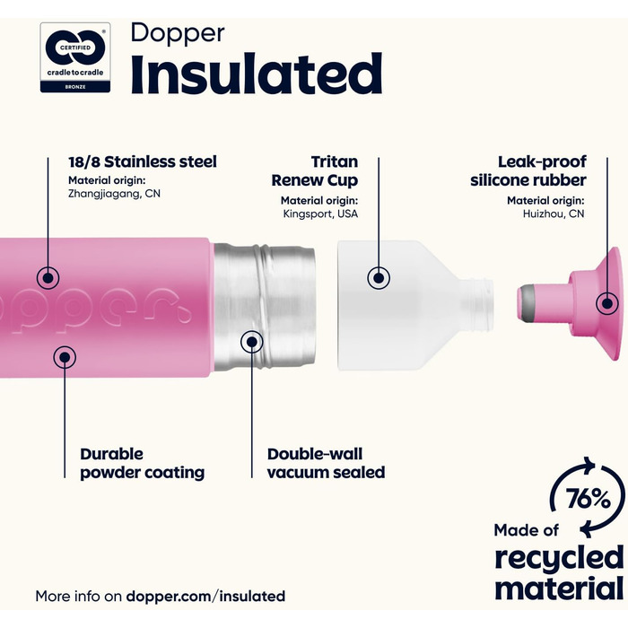 Термобутилка Dopper Insulated 580 мл Pelican Pink — подвійні стінки, герметична, з нержавіючої сталі, зберігає холод 24 год/тепло 9 год, для води, чаю, кави