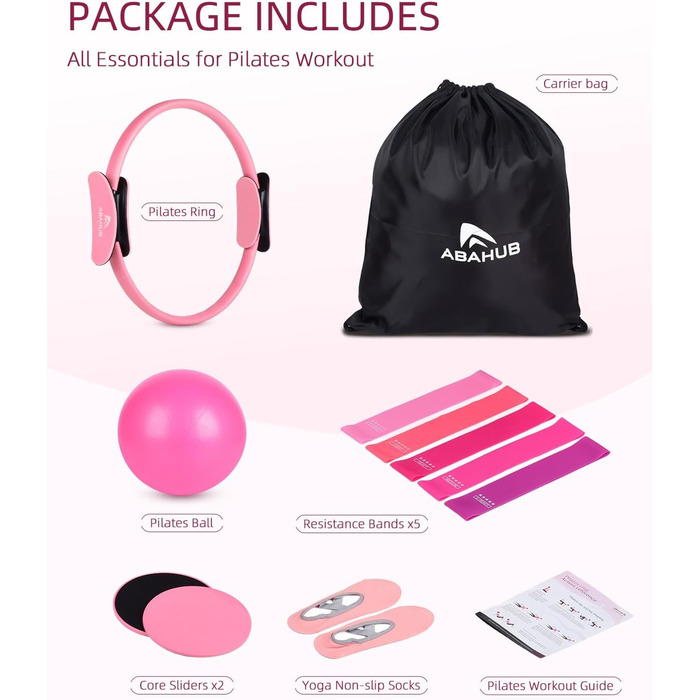 Набір для пілатесу Abahub: кільце 35 см, м'яч 25 см, 5 еластичних стрічок, шкарпетки для йоги, ковзаючі диски. Для жінок, домашні тренування, сила, гнучкість, стабільність та підтяжка тіла. Рожевий