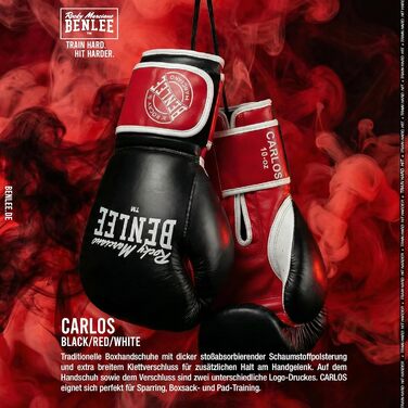 Боксерські рукавички BENLEE Carlos 16 oz: для боксу, кікбоксингу та спарингів, з гелевою накладкою, чорно-червоно-білі