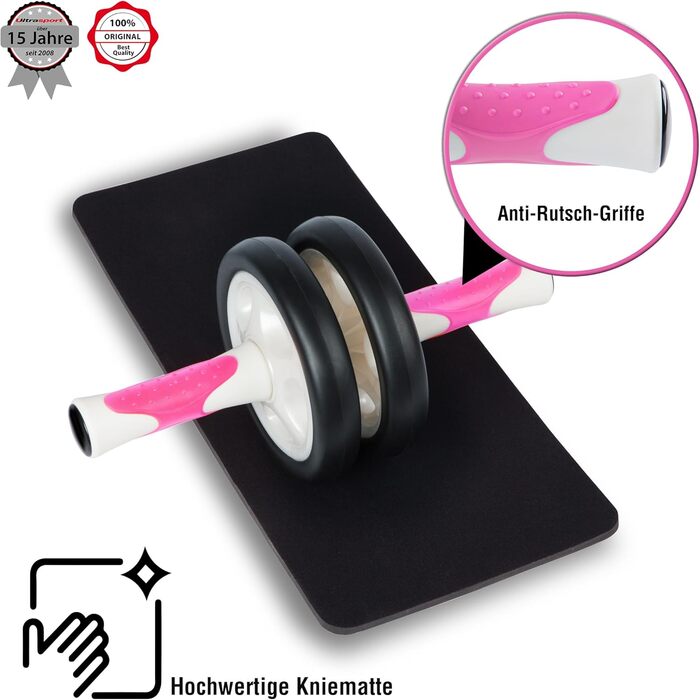 Ролер для пресу Ultrasport AB Roller з килимком для колін, тренування пресу для чоловіків та жінок, компактний складний ролер для м'язів, білий/рожевий