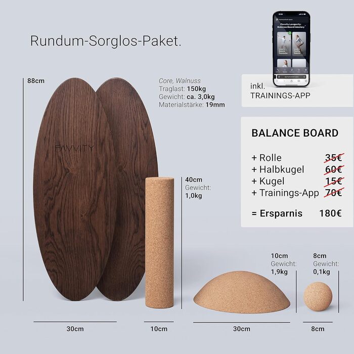 Балансборд з дуба FAVVITY® Core Walnuss: тренажер для рівноваги з додатком | Зроблено в Німеччині, сертифікат FSC