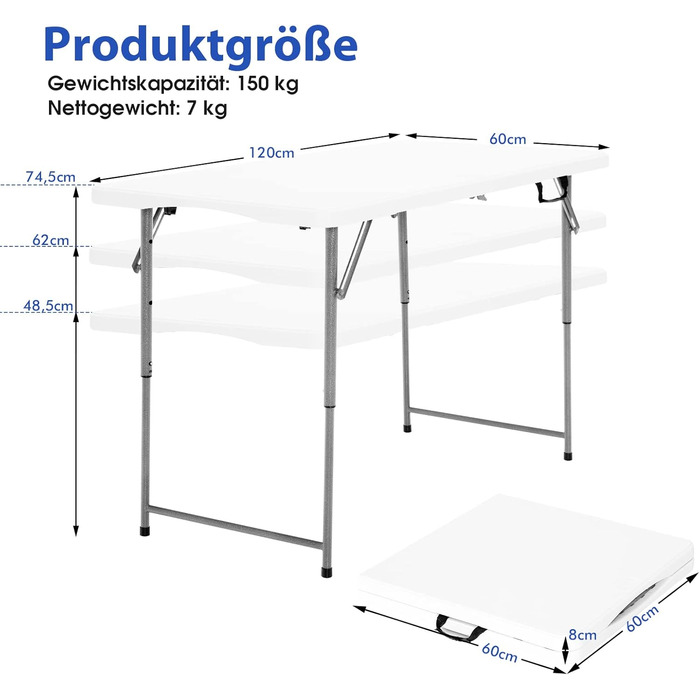 Складний стіл для кемпінгу COSTWAY, регульована висота, 120x60x74.5 см, з ручкою для перенесення - для пікніка, весіль, вечірок