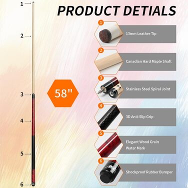 AKLOT Більярдний кий 58' (18oz-21oz) - канадський клен, 13 мм шкіряний наконечник, 3D ручка, прецизійне з'єднання, 4 кольори