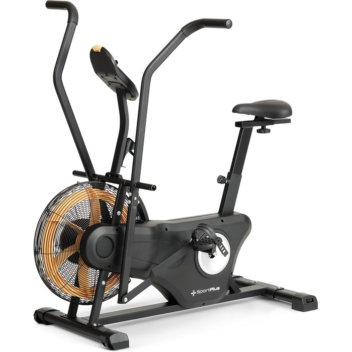 Велотренажер SportPlus Profi Air Bike з повітряним опором, сумісний з додатком, для HIIT, розумний комп'ютер, до 135 кг, чорний/жовтий