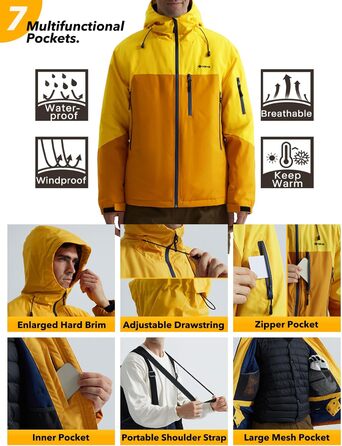 Чоловіча лижна куртка GEMYSE з інтегрованими підтяжками та капюшоном. Тепла водонепроникна зимова куртка-вітрівка для сноубордингу та хайкінгу. Розмір XXL. Кольори: золотисто-жовтий та реальгар-коричневий