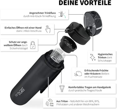 Спортивна пляшка для води 1л 720°DGREE 'uberBottle' з контейнером для фруктів - Tritan, BPA-Free, Softtouch, для спорту, фітнесу, велосипеду, універу, активного відпочинку. Чорний колір, 1000 мл
