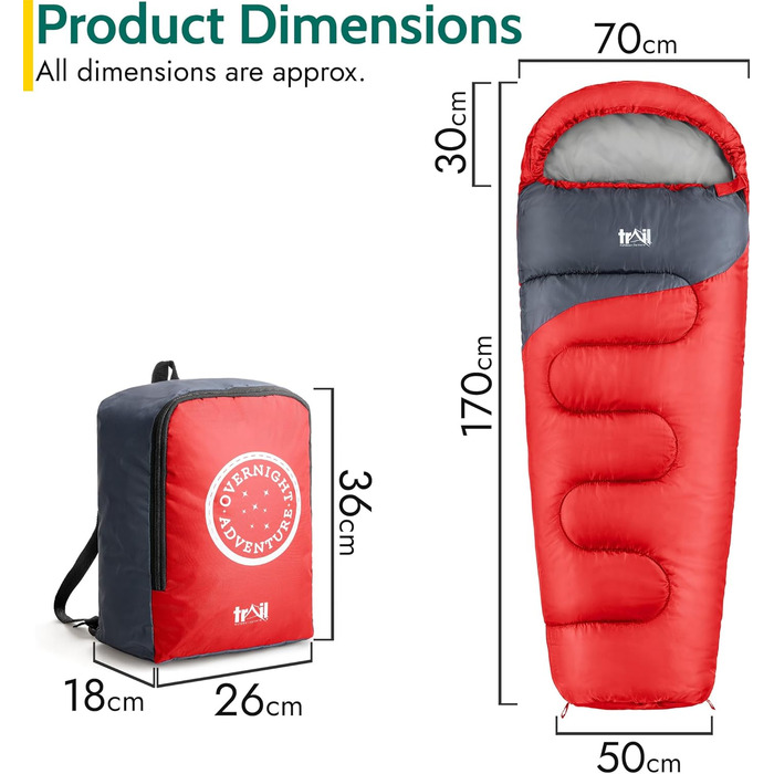 Дитячий спальний мішок Trail Mumienschlafsack 3 сезони для кемпінгу – 300gsm – для хлопчиків та дівчаток – з легким рюкзаком (Червоний)