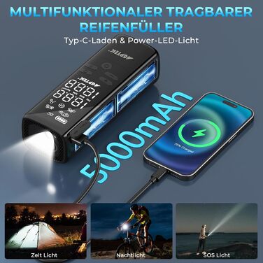 AGPTEK електричний насос-компресор 150PSI, 5000mAh, акумуляторний, 5 режимів, LED-підсвітка, авто-вимкнення, портативний для авто, велосипедів, мотоциклів та м'ячів
