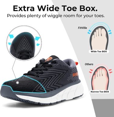 Чоловічі бігові кросівки FitVille з широкою колодкою, амортизація, легкі, дихаючі, для тенісу, фітнесу, джогінгу та ходьби (46 EU, чорний з сірим)