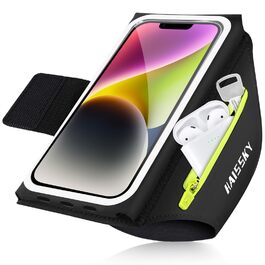 Спортивний браслет для телефону: фіксатор для бігу, сумка для мобільного з кишенею для навушників, аксесуар для бігу. Підходить для iPhone 17/16/15/14/13 Pro Max, Galaxy S25/S24/S23 Ultra (до 6.9 дюймів). Колір: зелений, з блискавкою.